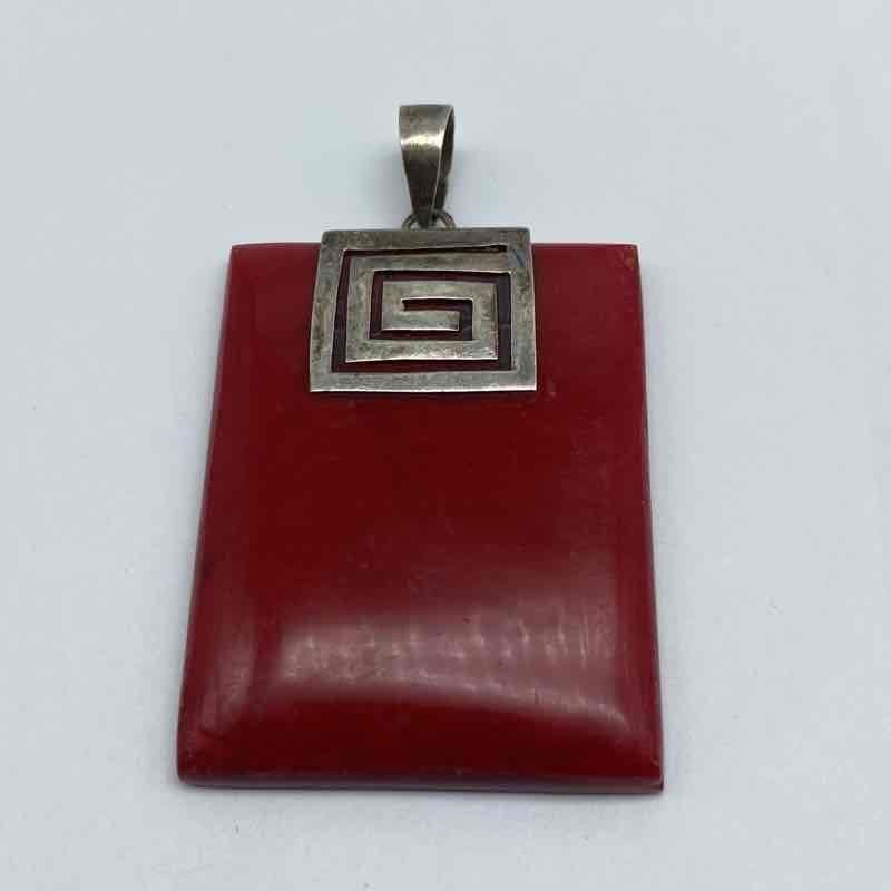 Sterling Silver 925 Red Coral Pendant Greek Key Meander Design 14.1g