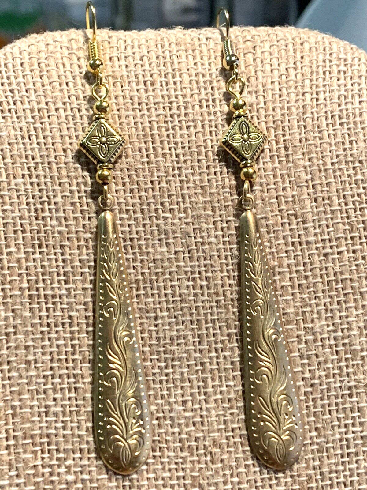 NEW LISTING* HAND-CRAFTED VTG. LARGE ENGRAVED GOLDEN BRASS TAPER DROP EARRINGS