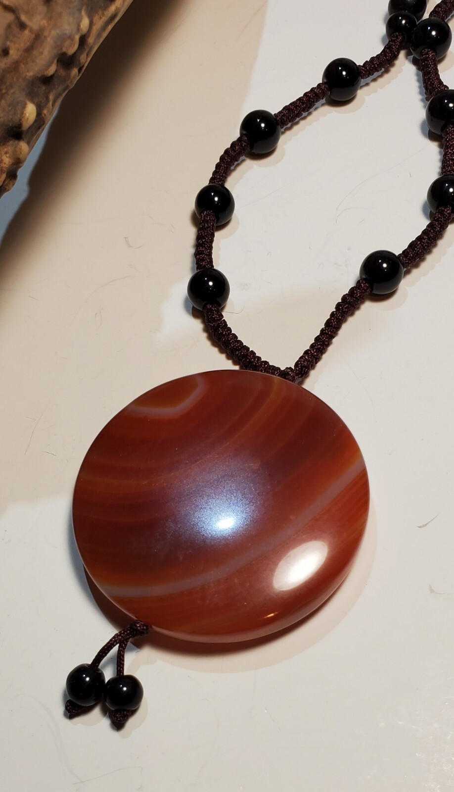 Vintage Carnelian Banded Agate Pendant, Onyx Beads, On Cords. 696