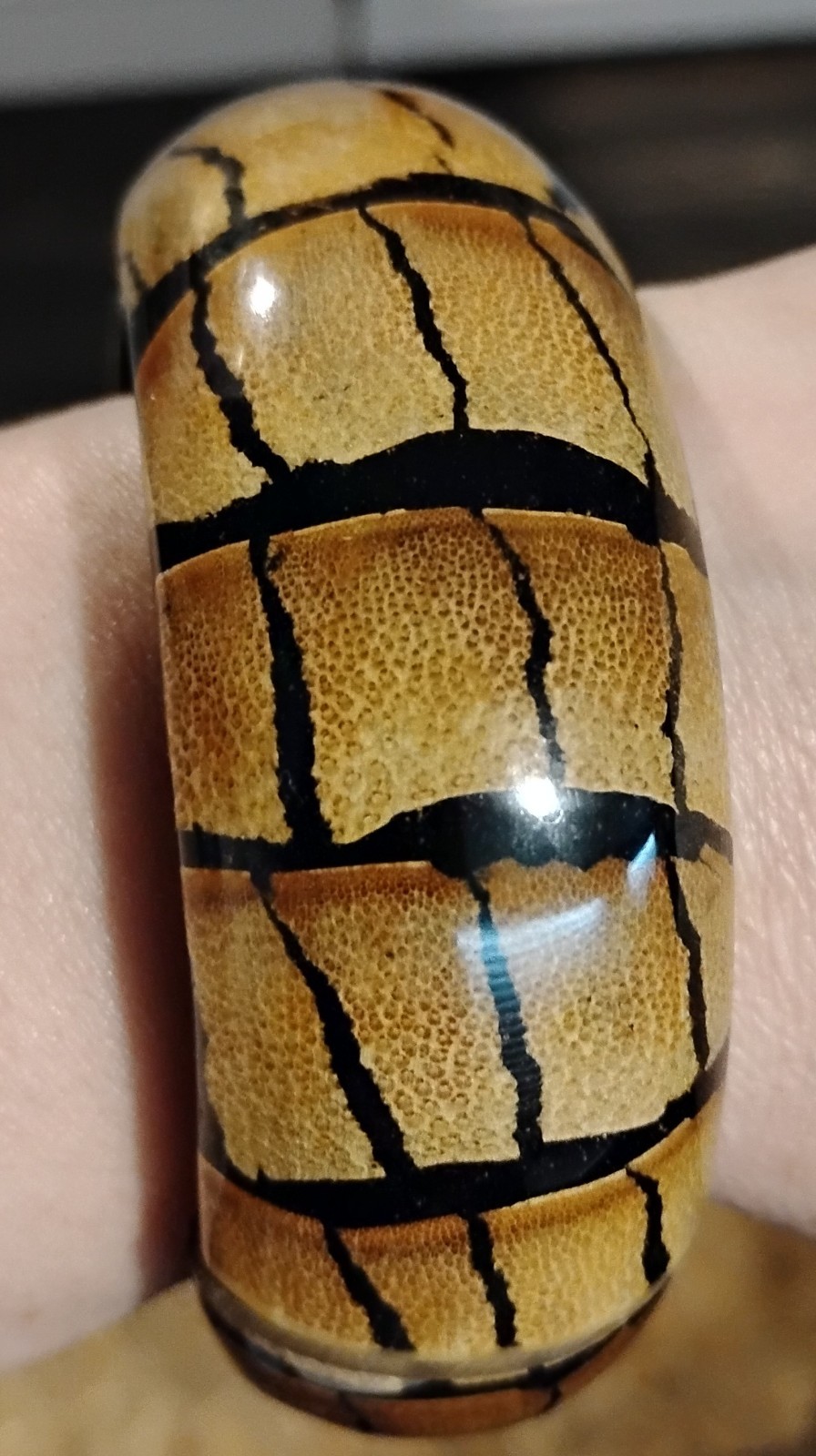 Vintage Bamboo Print Over Wood Cuff Bracelet Bangle