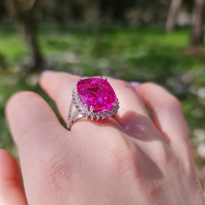 12.70 Ct Cushion Cut Natural Pink Sapphire Diamond Wedding Ring 14K White Gold