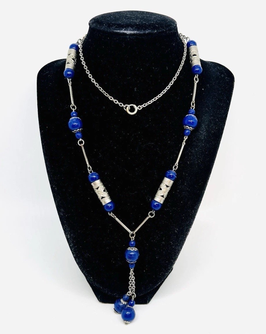 Long Art Deco Lapis Glass Beaded Sautoir Necklace 30 Inch Vintage Jewelry