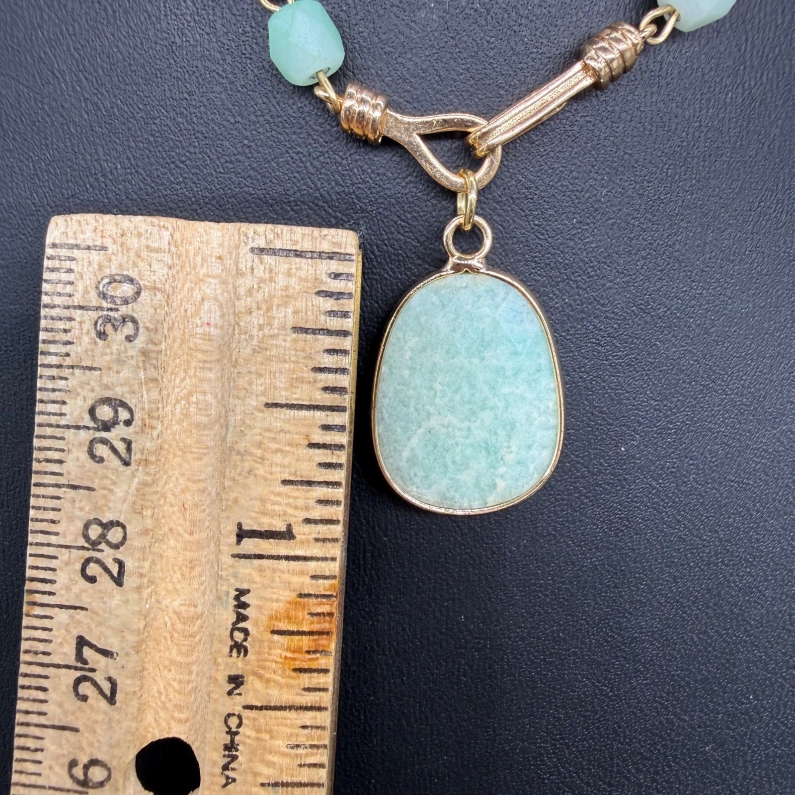 Amazonite Stone Pendant Beaded Necklace Gold toned Toggle Clasp 21 inches