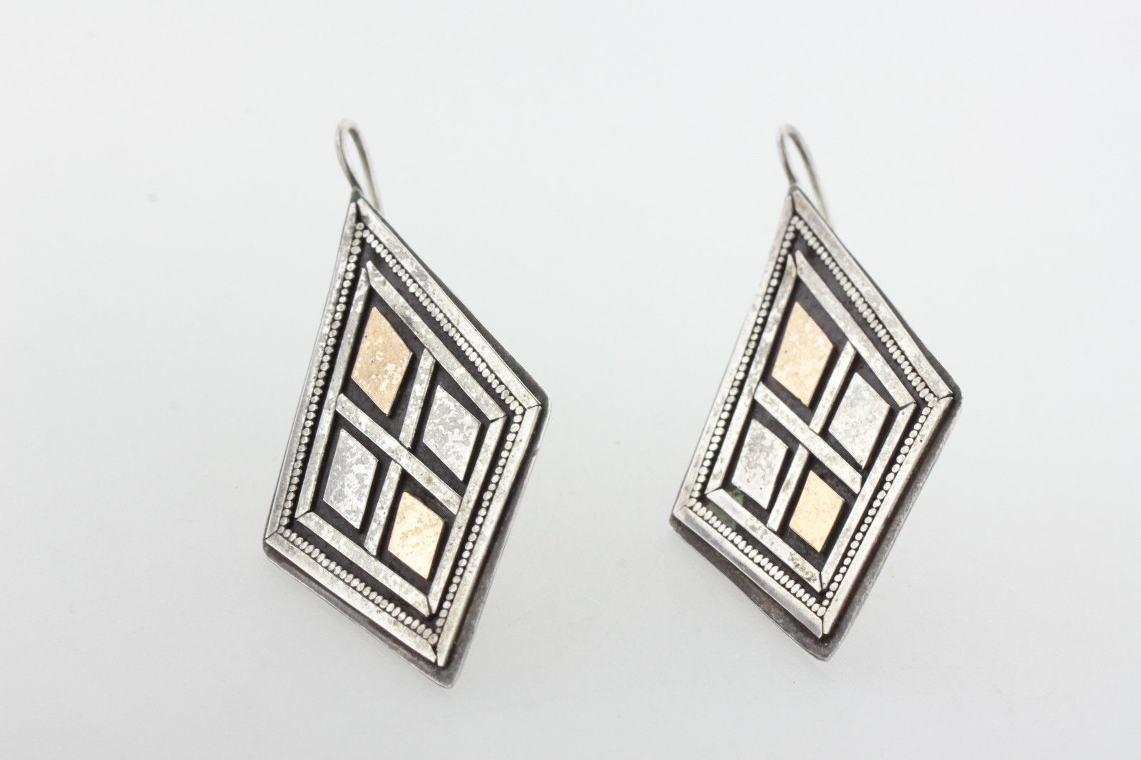 Vintage Sterling Silver 925 & 22K Gold Abstract Shape Pattern Hook Earrings