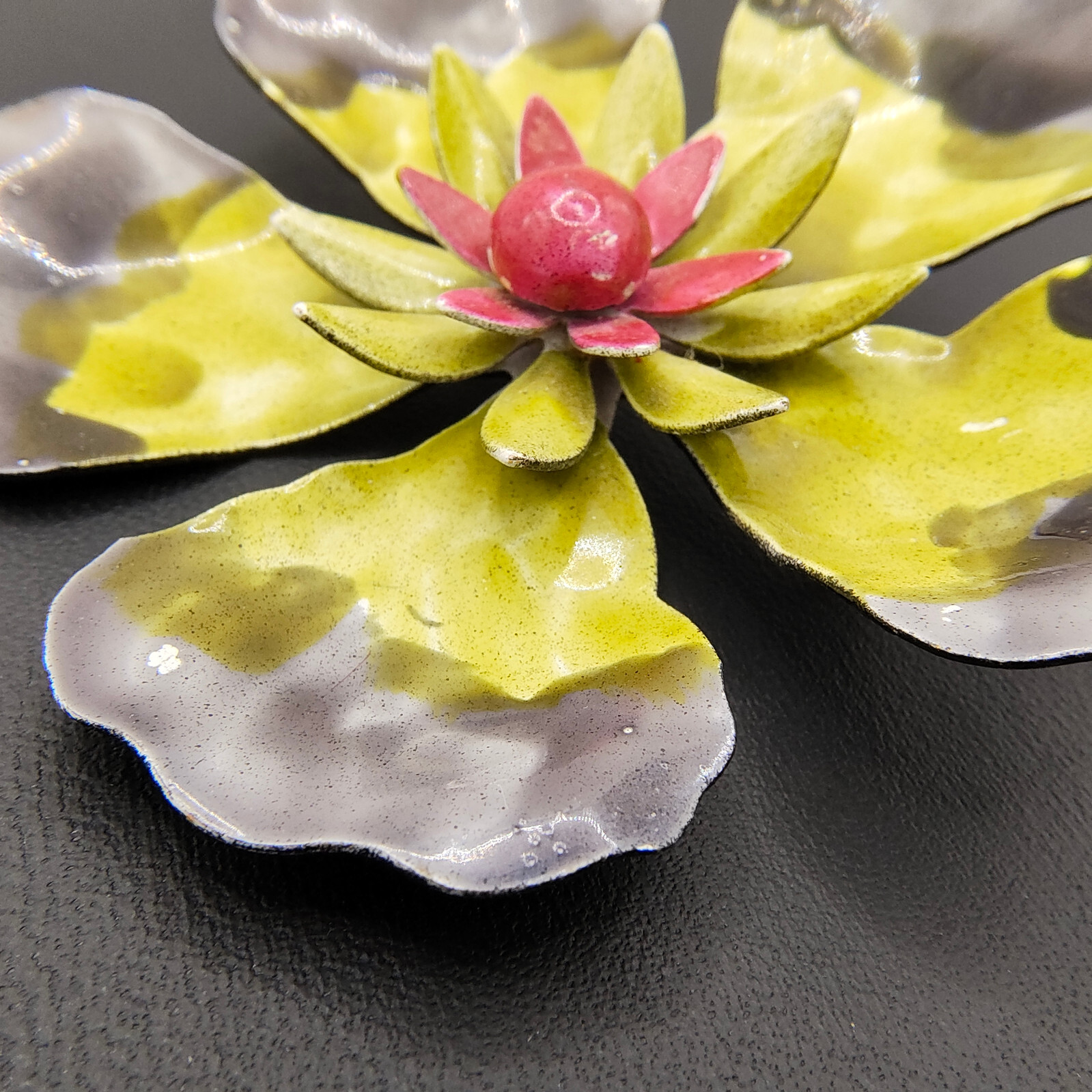 Vintage Hibiscus Flower Brooch Pin Enamel Black Gray Yellow Red 1960s-1970s MCM