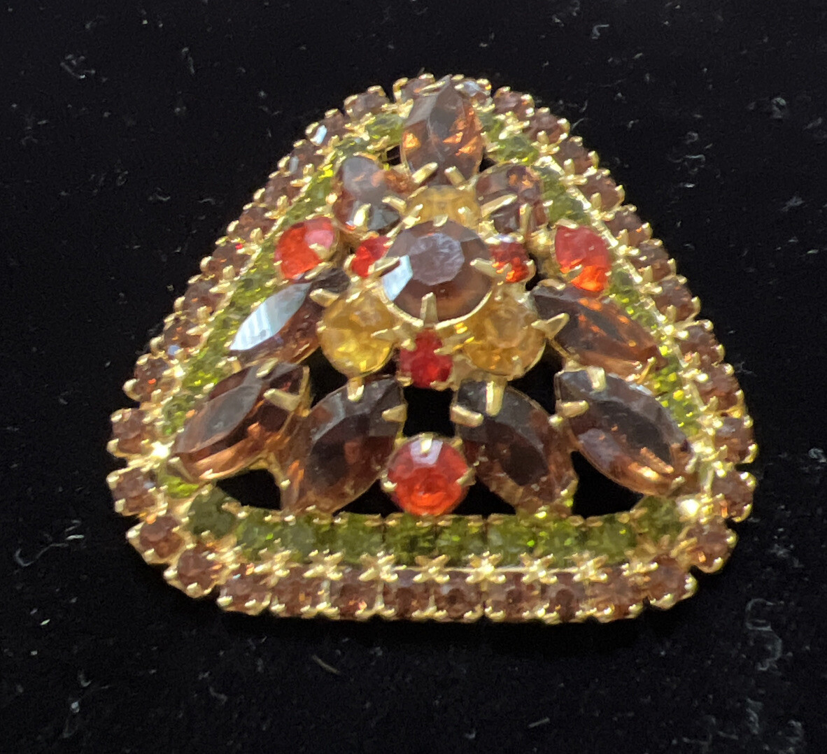 Juliana D&E Rhinestone Brooch Autumn Colors of Hyacinth Sable & Olivine Domed