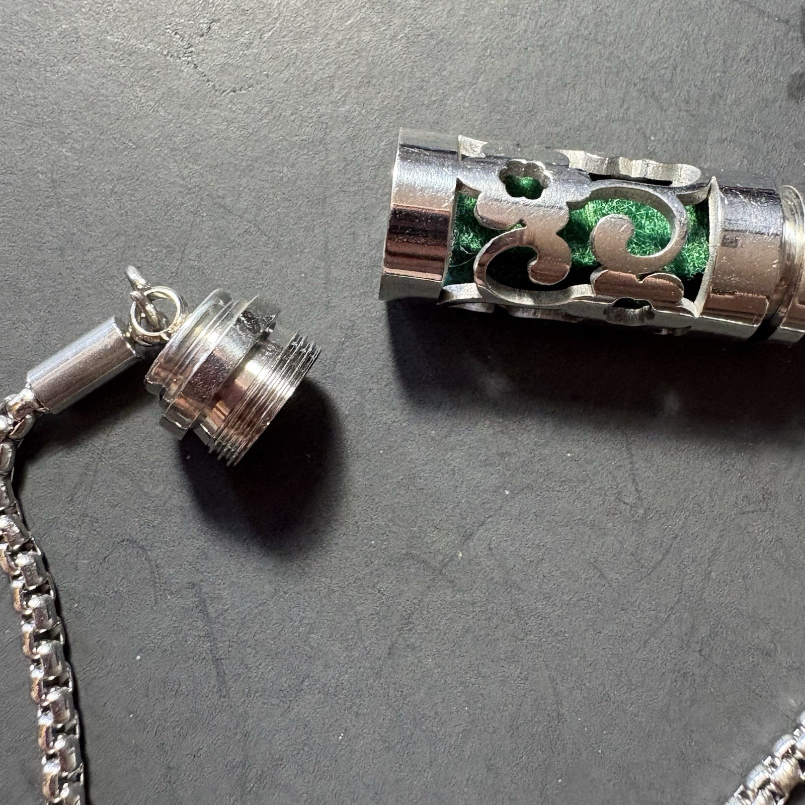 Silver Tone Adjustable Slider Bracelet Cutout Cylinder Green Stone Accent Boho
