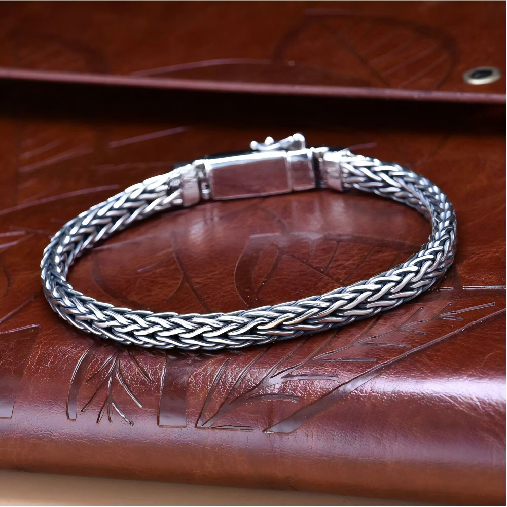 Real S925 Sterling Silver Bracelet Men 6mm Unique Wheat Link Chain 26-27g 7.9in
