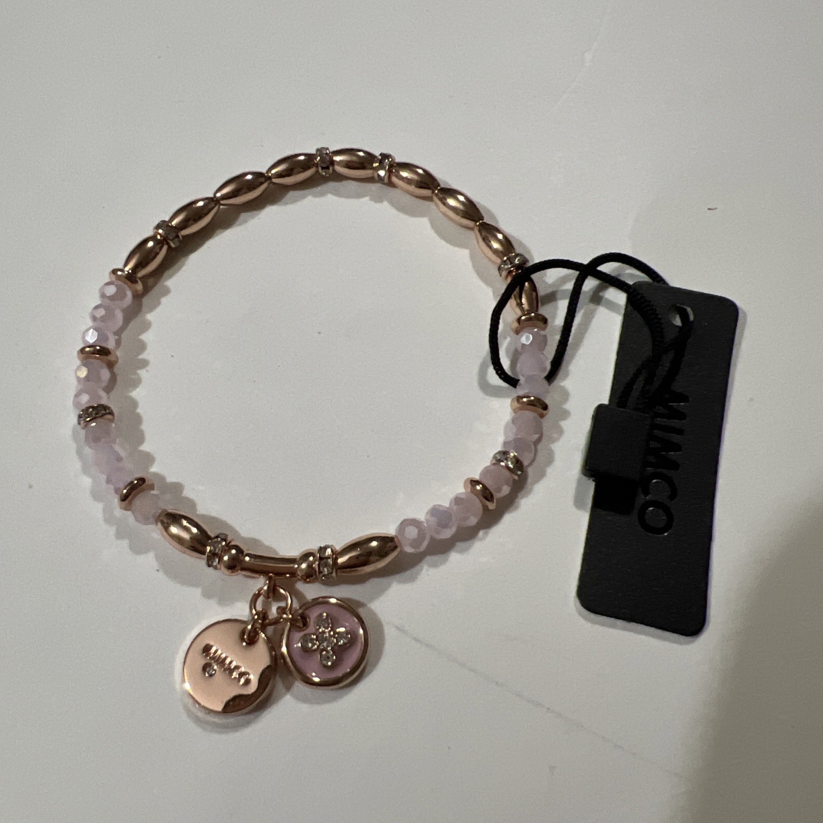 Mimco Ecliptic Bracelet Rose Gold Tone Plating Glass Crystals Beads Charms