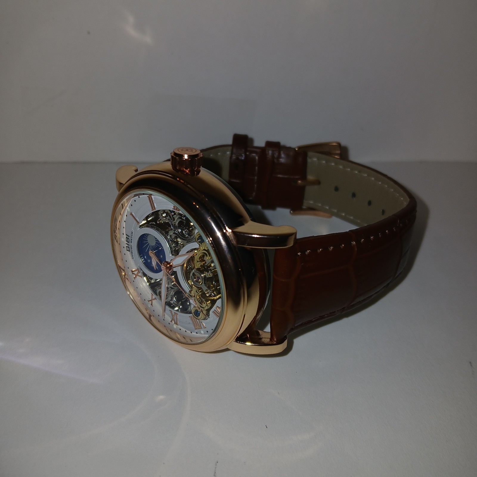 ​BiBi Automatic Watch Skeleton Mechanical Rose Gold Case Brown Leather Moonphase