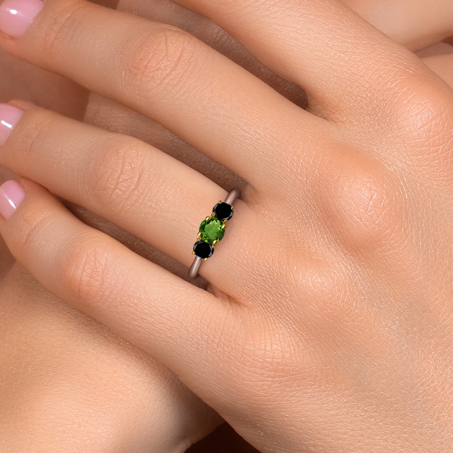 925 Silver and 10K Yellow Gold Green Chrome Diopside and Black Diamond