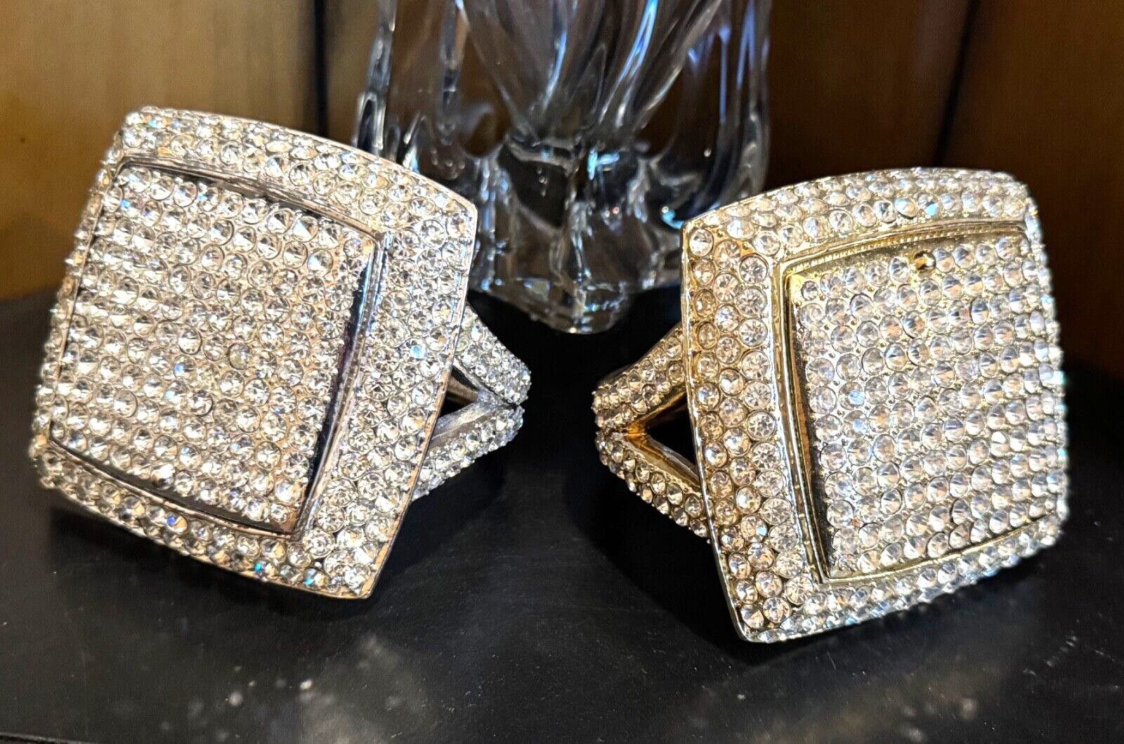 Big Bling Ring Box 2 Piece Set Gold & Silver ALL METAL Swarovski Style Crystals