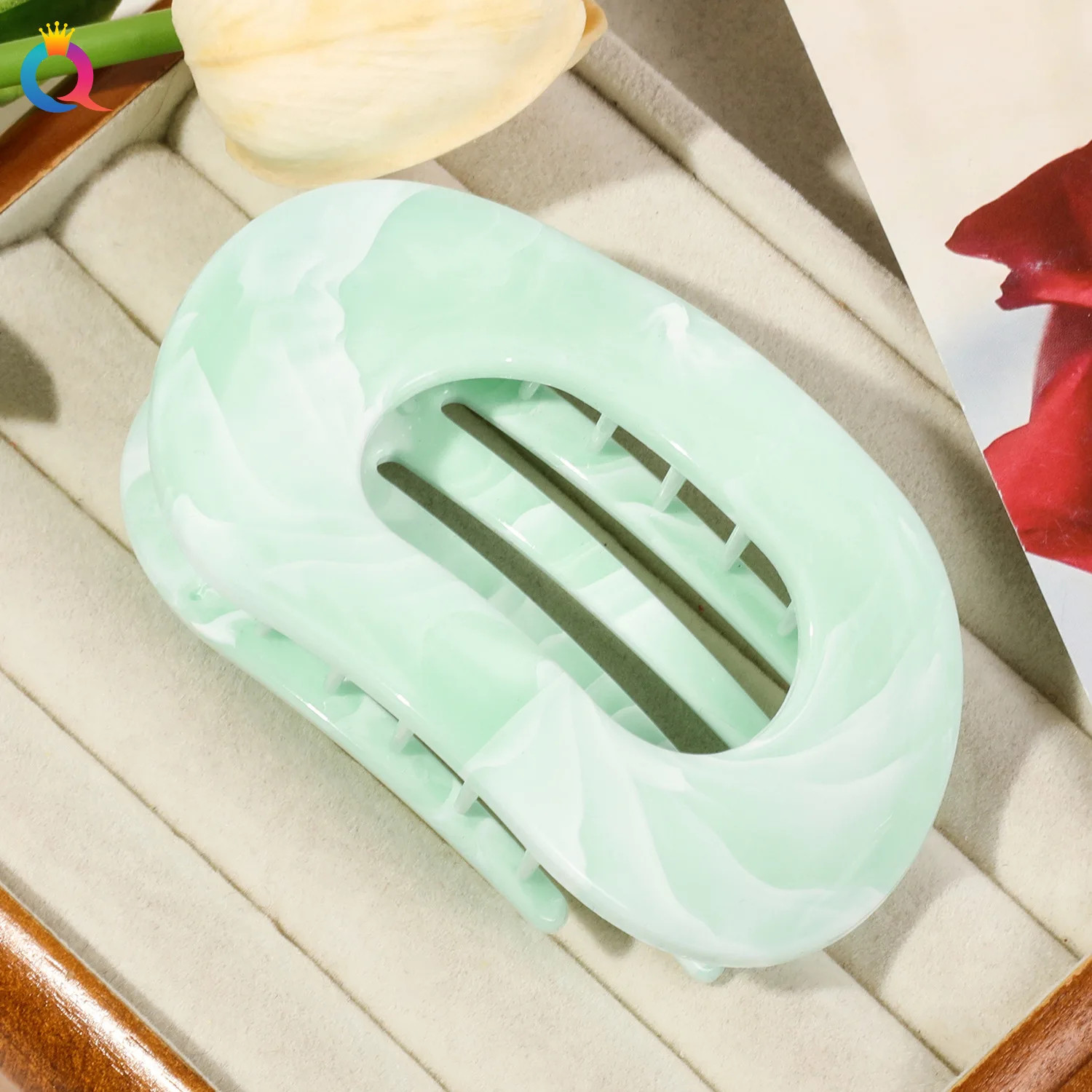 Oval Hair Claw Acrylic Marbling Flat Circular Grip Colorful Updo Women Headwear
