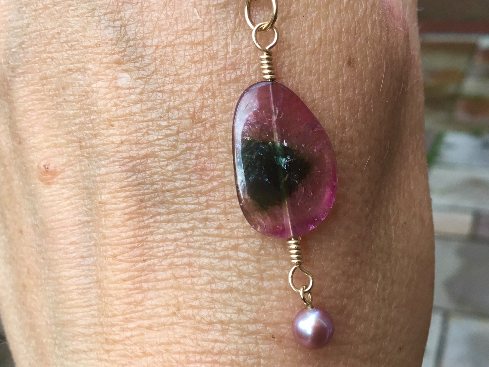 Solid 9ct gold tourmaline slice pendant 9k 375