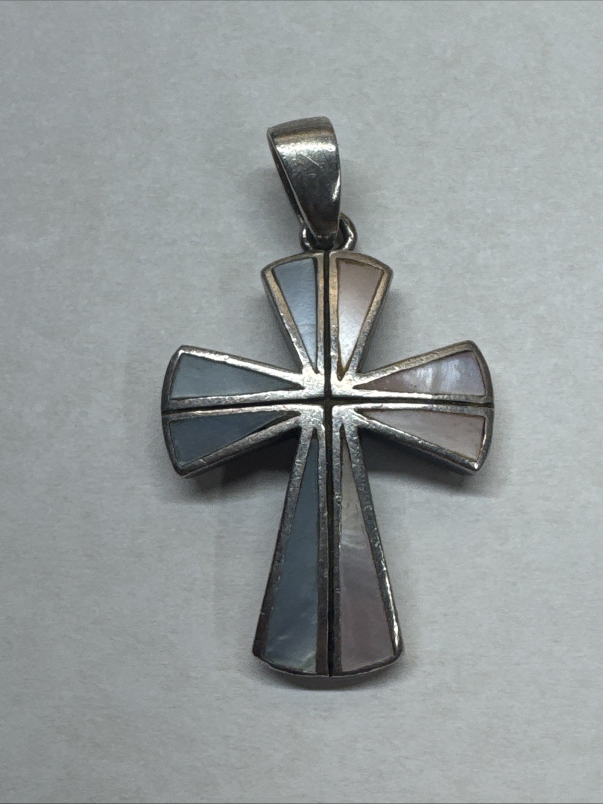 Ankh Genuine Pink and Blue Mother of Pearl Cross 925 Sterling Silver Pendant