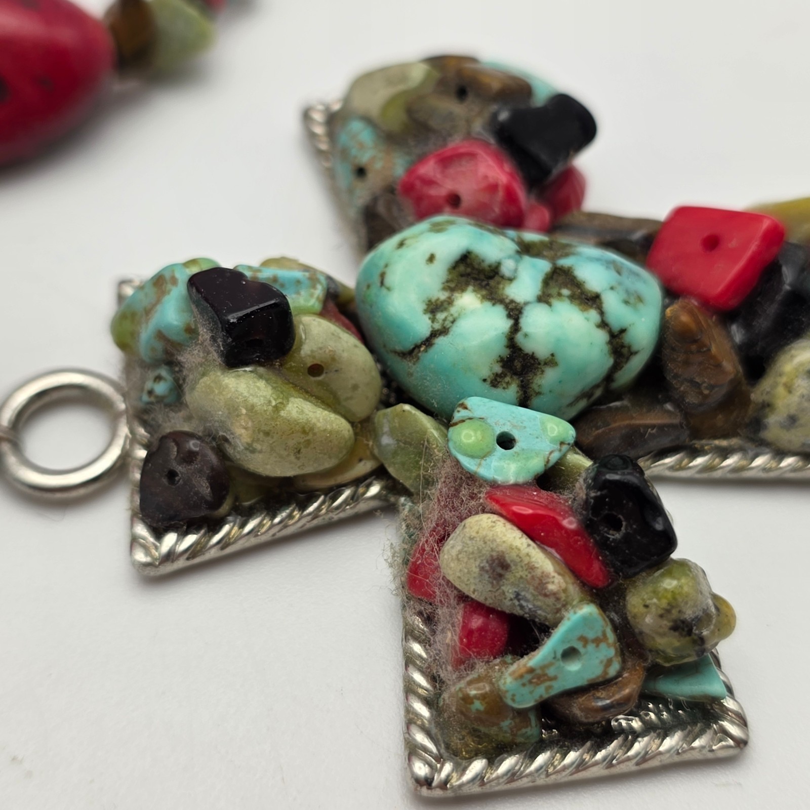 Southwestern Cross Pendant Necklace Multicolor Stone Ceramic Glass Beads 20 in