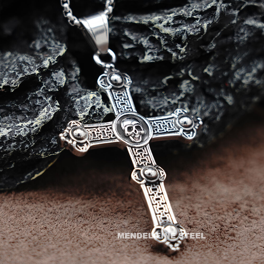 MENDEL Mens Stainless Steel Gothic Biker Skull Punk Cross Pendant Necklace Men