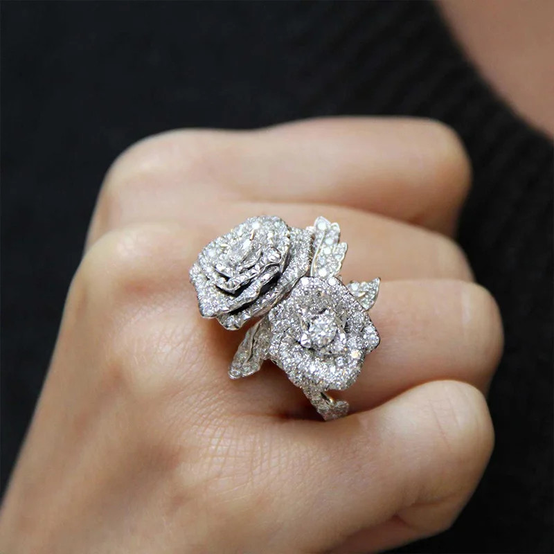 Floral Shape Statement Ring Simulated Zirconia Silver Tone Prong Set Jewelry