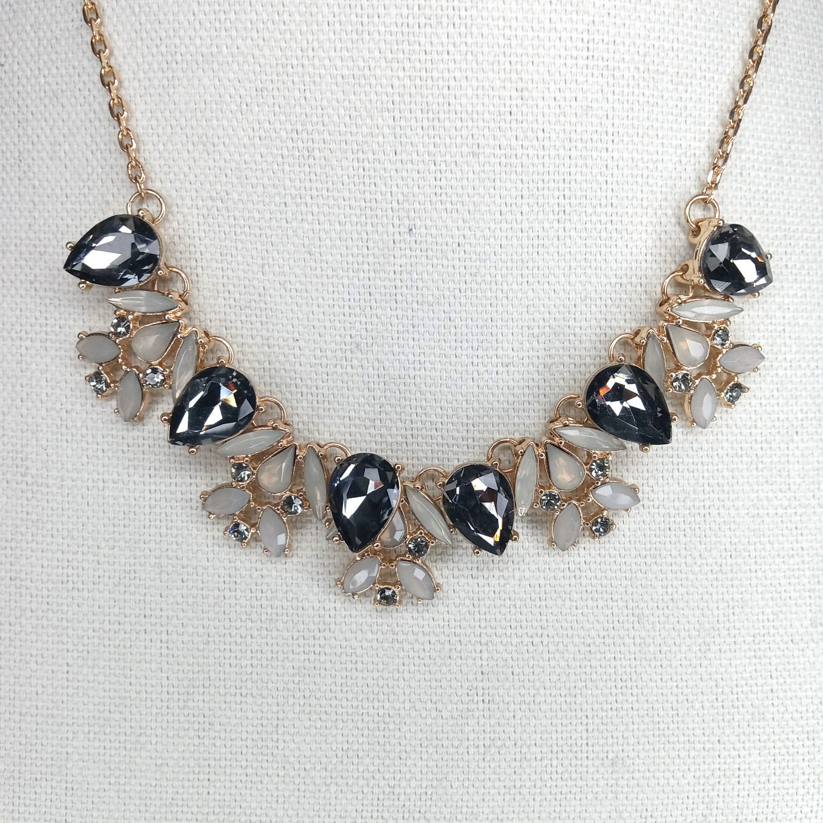 Statement Necklace Gold Tone Smoky Black& Clear Rhinetones Vintage-Inspired Glam