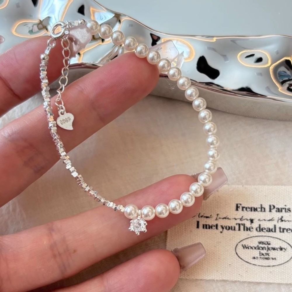Copper irregular broken silver cubic zirconia round pearl women’s bracelet gift