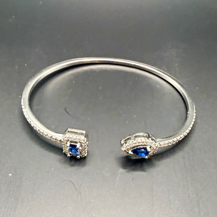 Silver Tone Cuff Bracelet Blue Square Crystal Stones No Closure Metal
