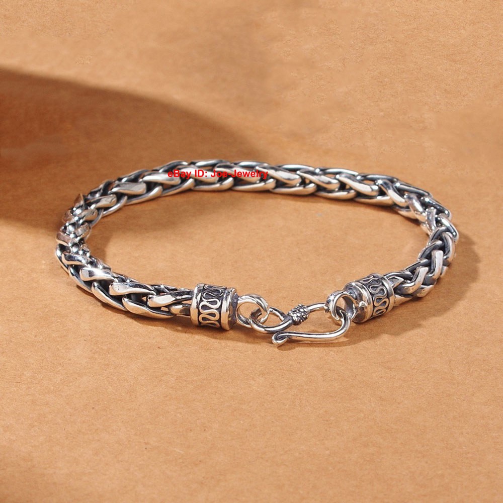 Real 925 Sterling Silver 8mm Round Wheat Link Men’s Bracelet 7.87-8.66inch
