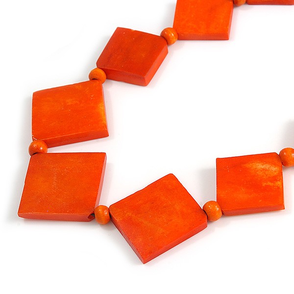 Orange Square Bone Bead Black Cotton Cord Long Necklace – 82cm L