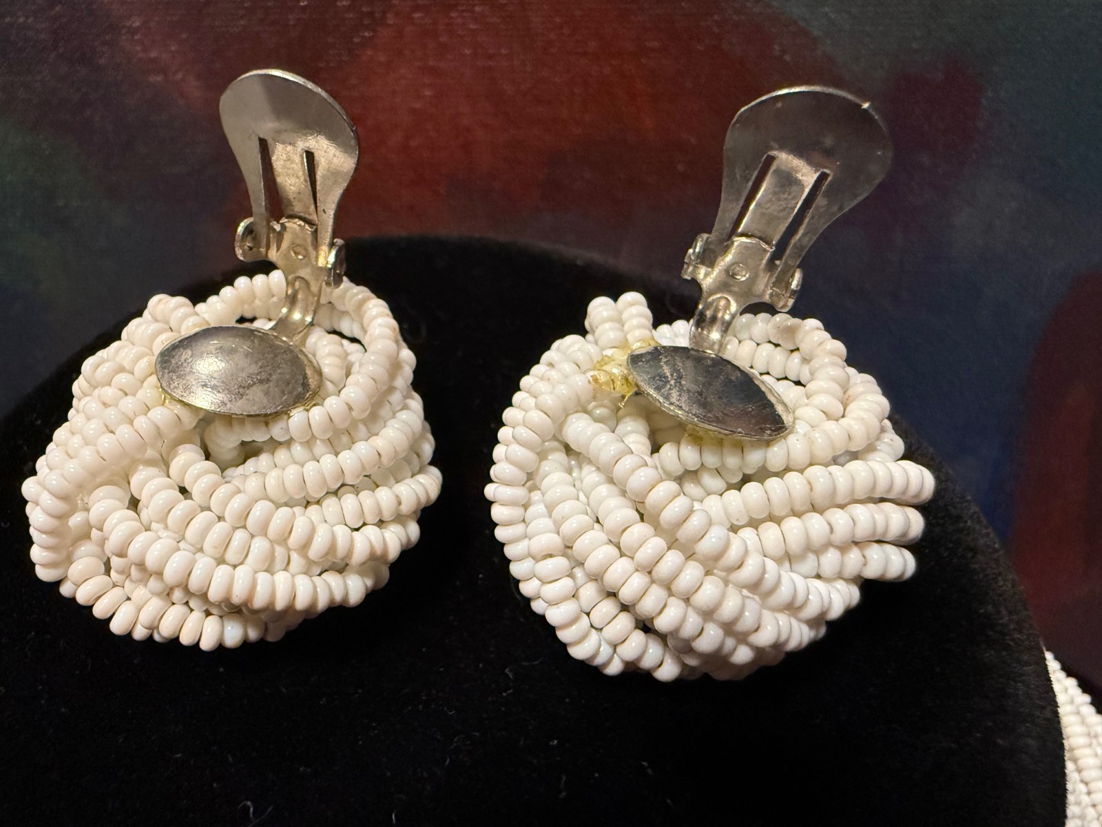 Vintage White Seed Bead Multi-Strand Statement Necklace and Clip-On Earrings