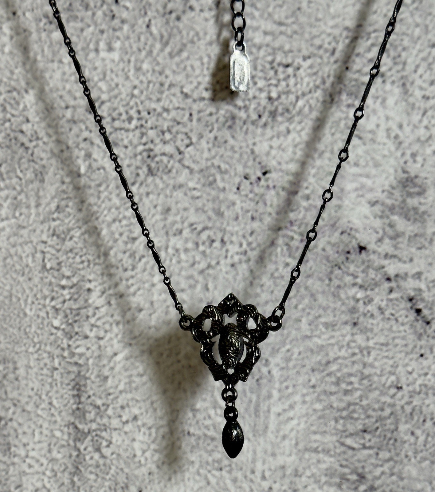 VTG 1928 Jewelry Co Black Rhinestone Marquise Y Drop Necklace Gunmetal Gothic