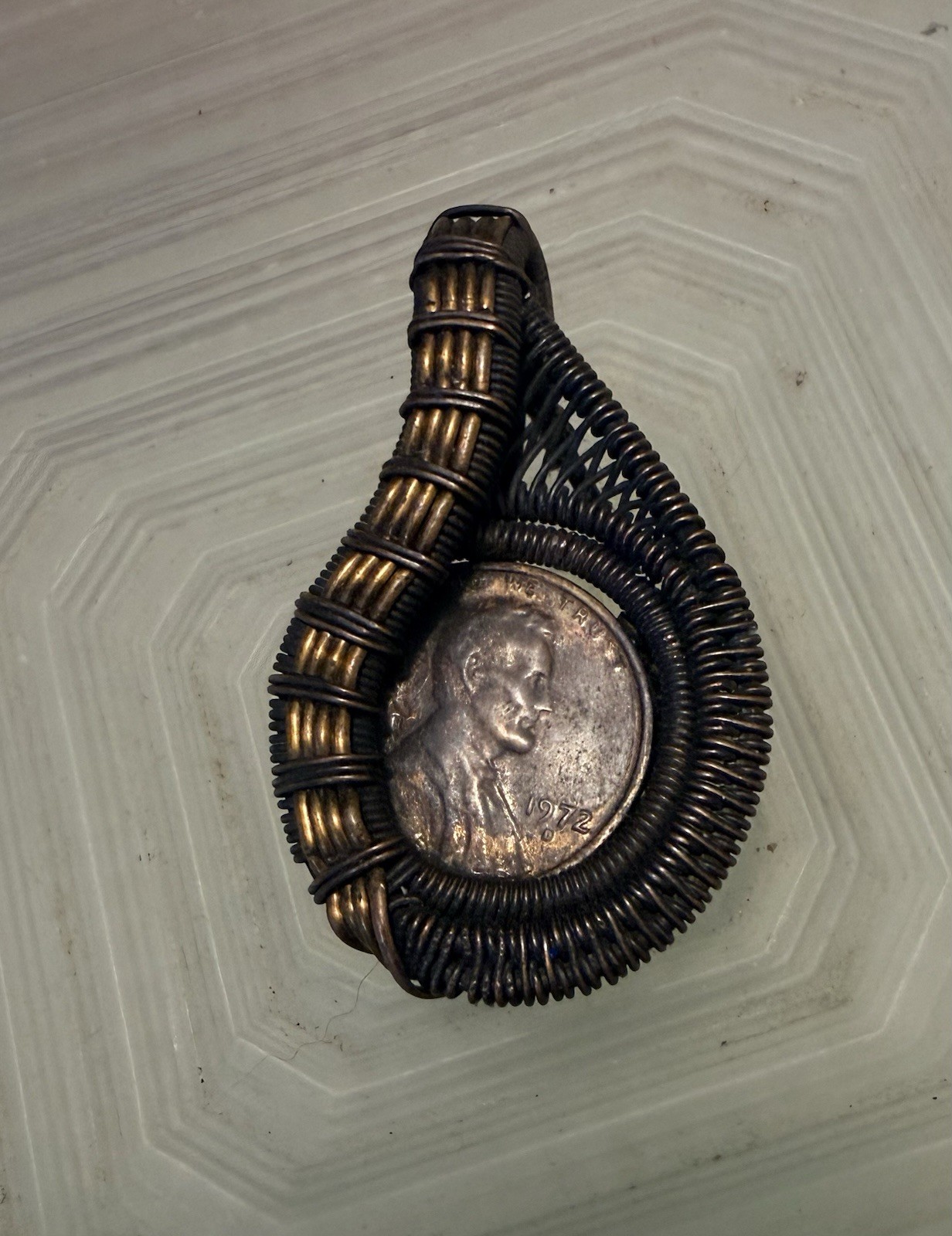 Handmade Copper Wire Wrapped Vintage 1972 Penny Coin Pendant 1.5” Thick Heavy
