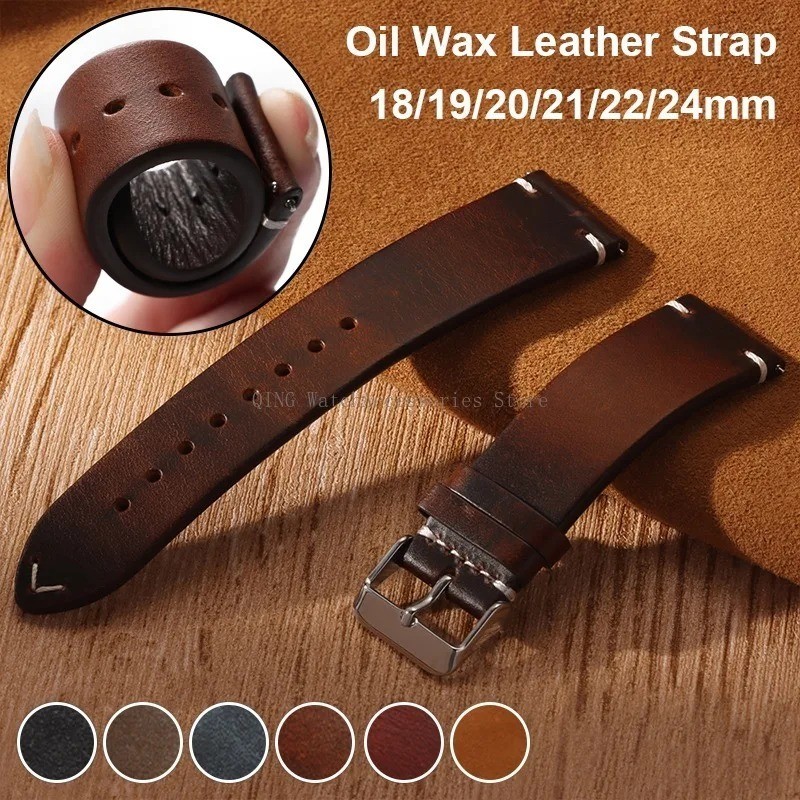 Retro Oil Wax Genuine Leather Watch Band 18 19 20 21 22 24mm Thin Cowhide Strap