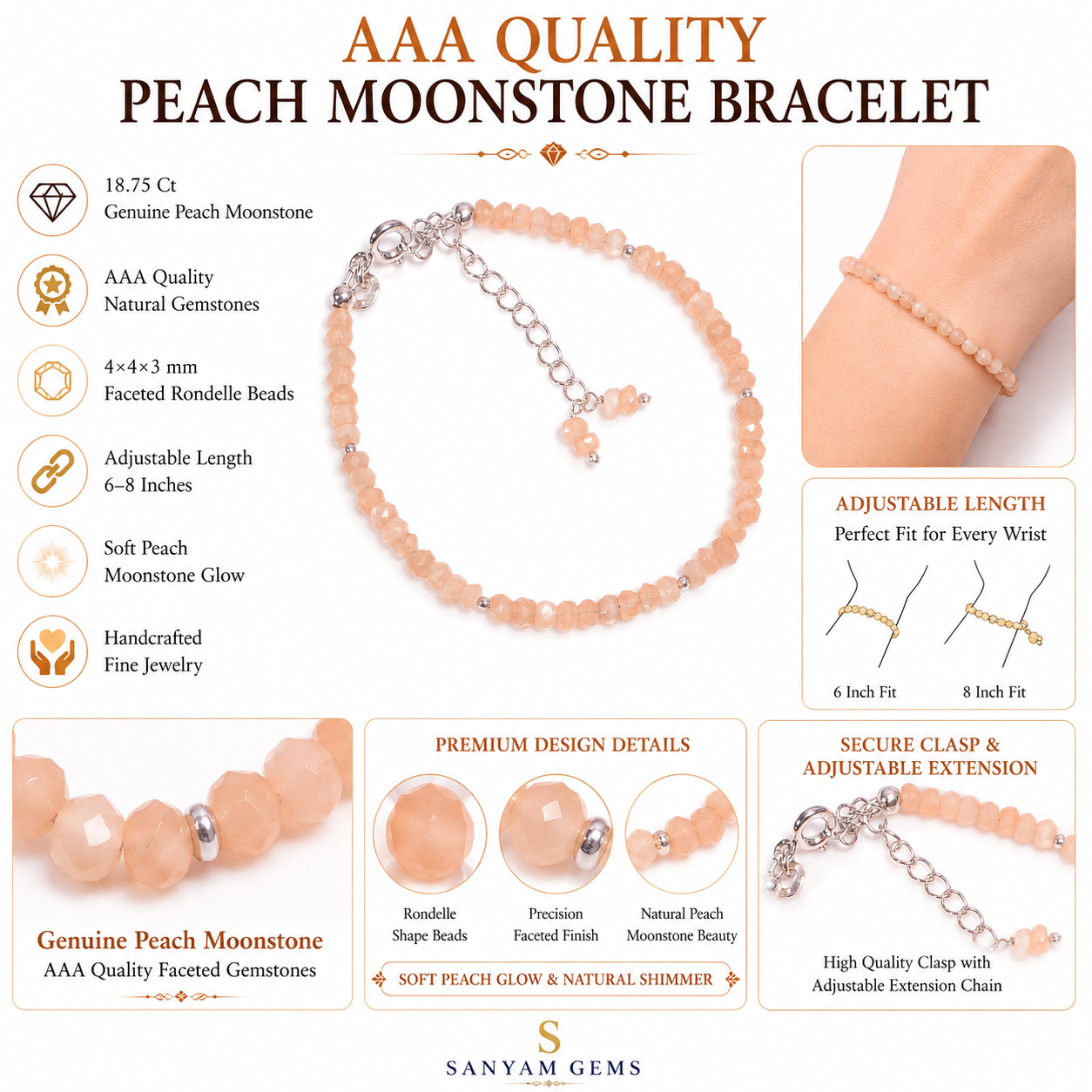 Natural Peach Moonstone 925 Sterling Silver Faceted Beads Bracelet 6-8″ P-922