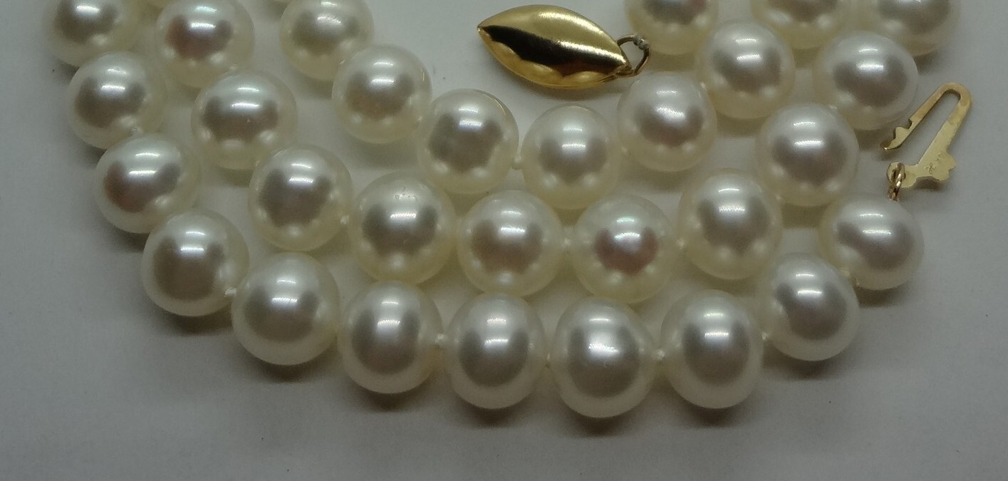 Vintage 14K Gold Cultured Pearl Strand Necklace 18” Round White Pearls 6.5-6.9mm
