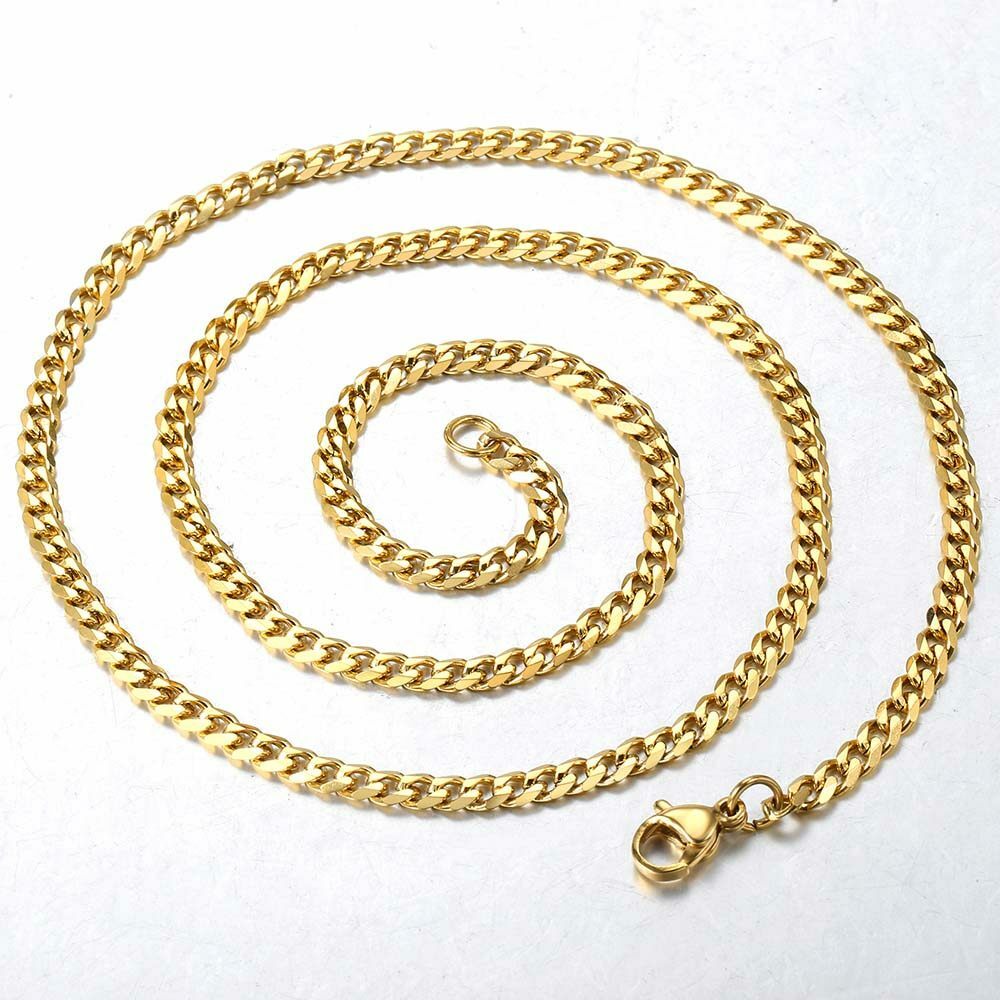 3mm Gold Plated Curb Cuban Link Chain Stainless Steel Necklace 16-30″ Mens Gift