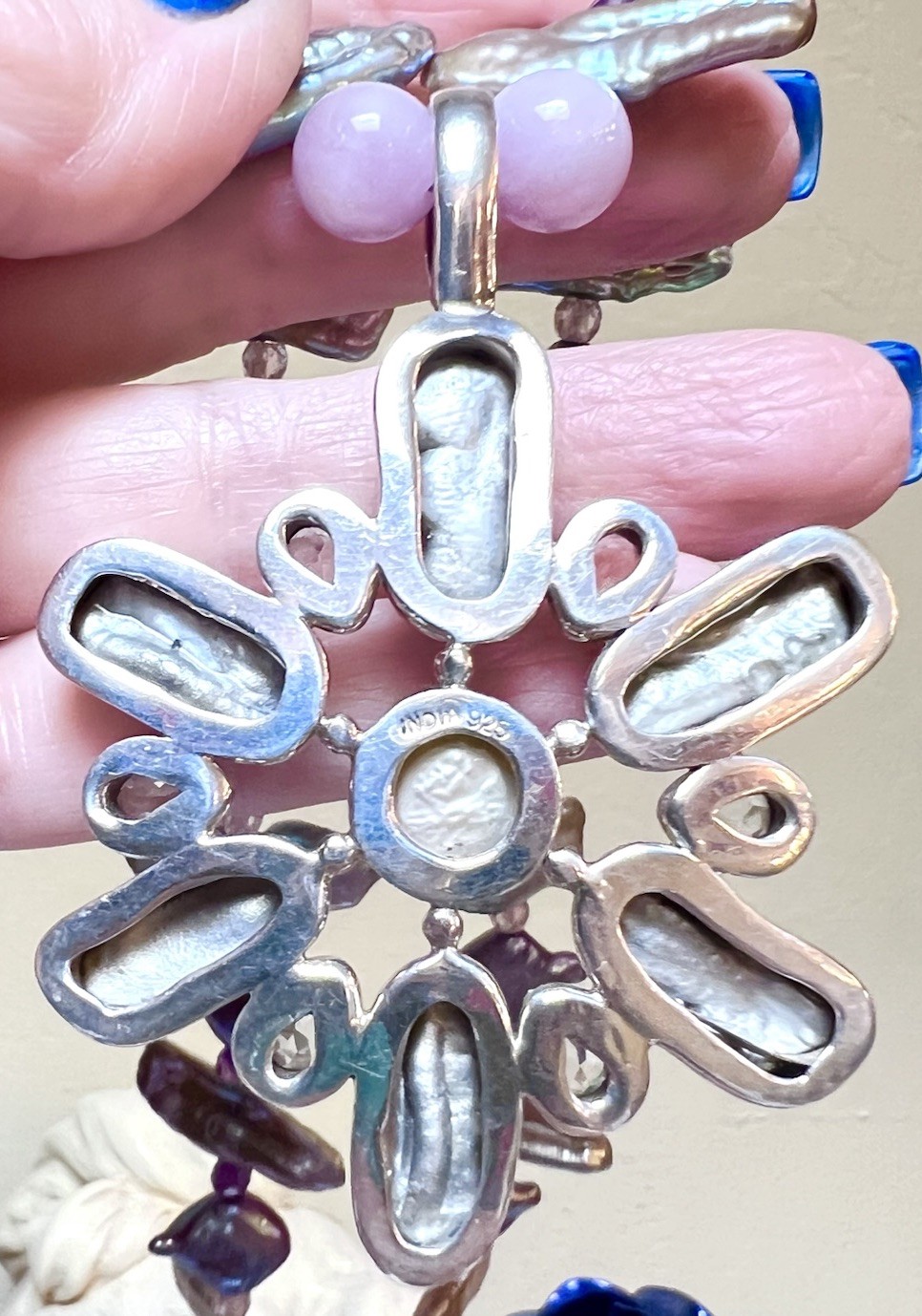 BEAUTIFUL Sterling Silver Purple, Blue, Silver Lustrous Pearl & Zircon Necklace