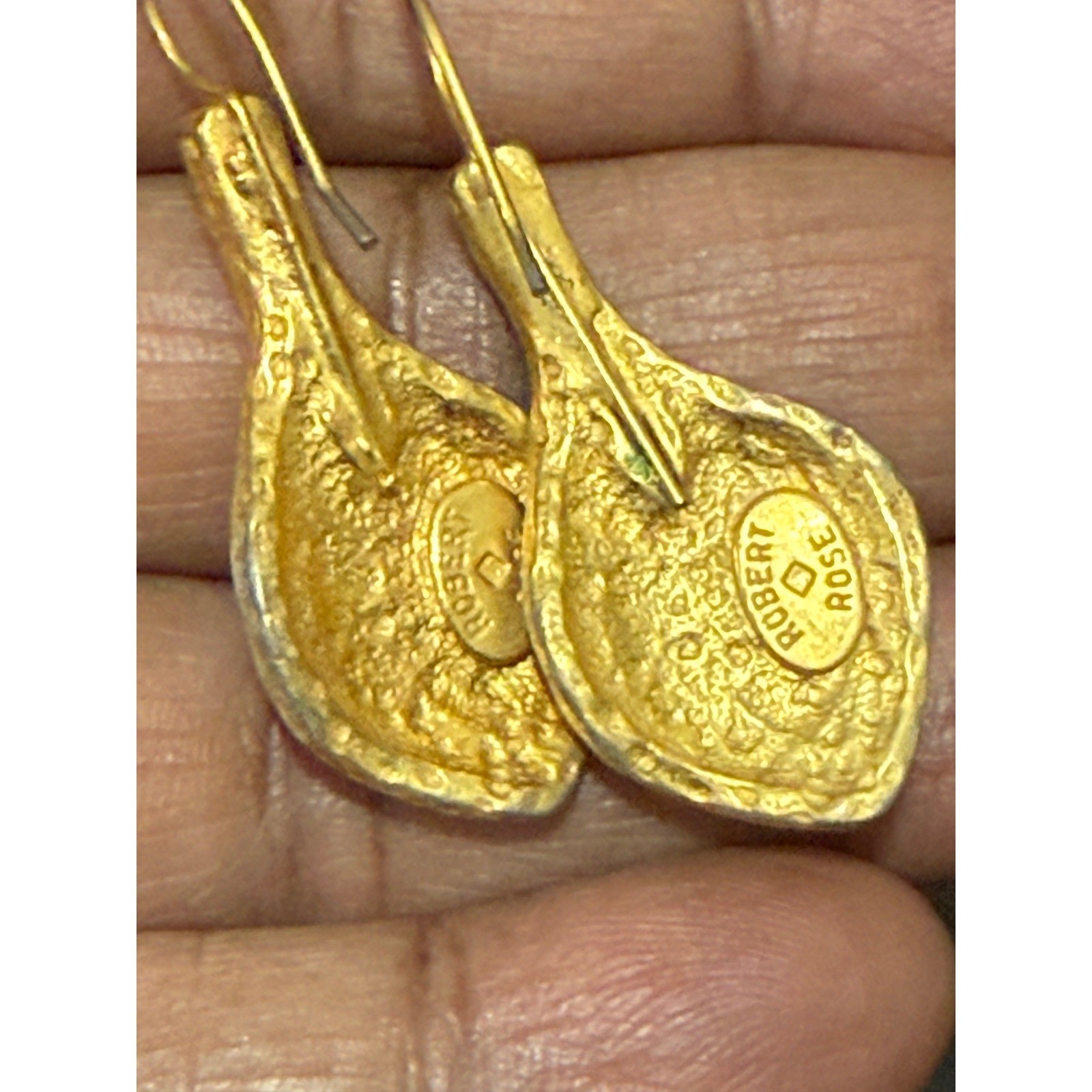 Robert Rose Hammered Gold Tone Marbled Red Cabochon Drop Earrings Womens
