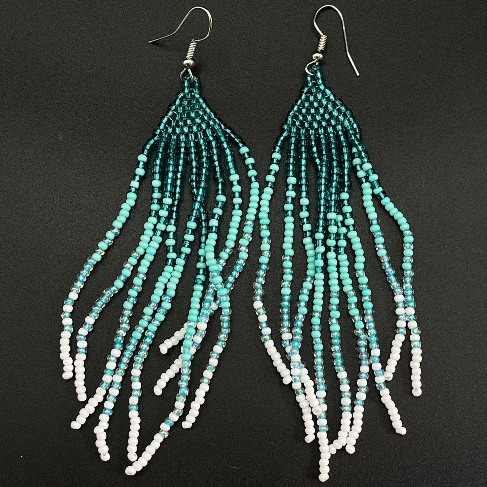 Vintage Beaded Fringe Dangle Earrings Teal Ombre Boho Statement Drop 4″ Western