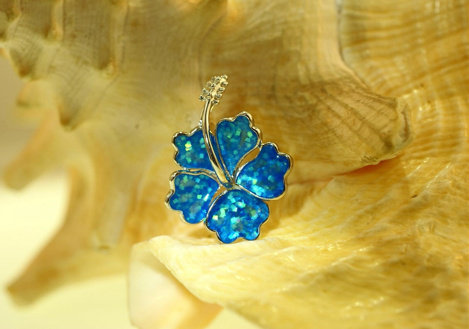 22.5MM RHODIUM 925 STER SILVER INLAID BLUE OPAL HAWAIIAN HIBISCUS SLIDE PENDANT