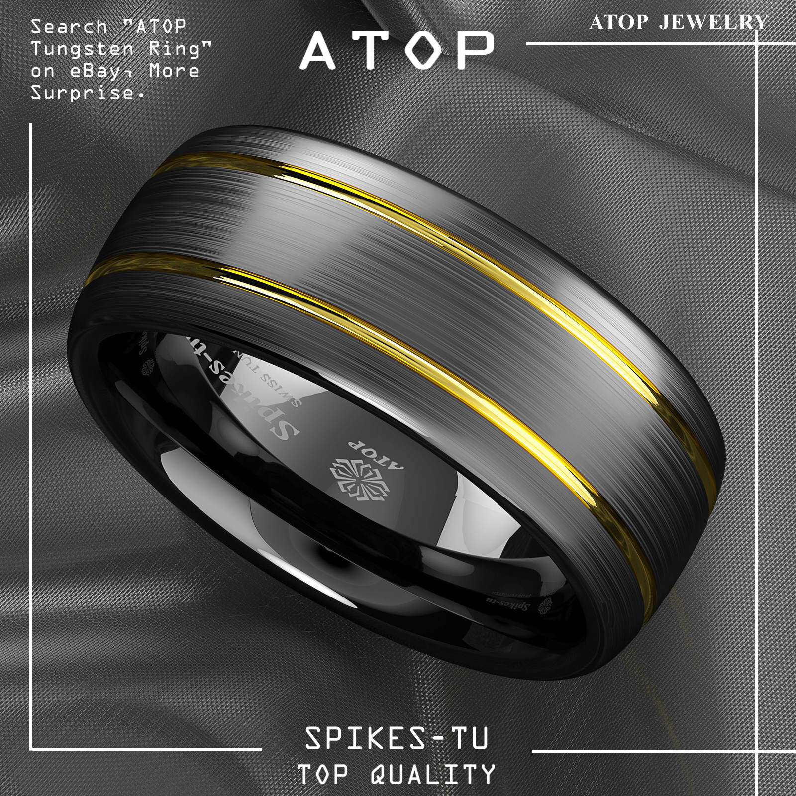 8mm Tungsten Ring Black Brushed Dome 18k gold Wedding Band ATOP Mens Jewelry