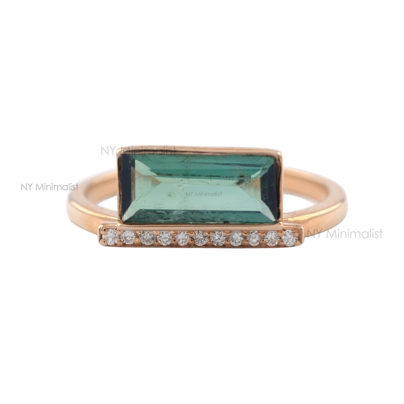 Horizontal Baguette Green Tourmaline and Pave Diamond Bar Ring In 14K Solid Gold