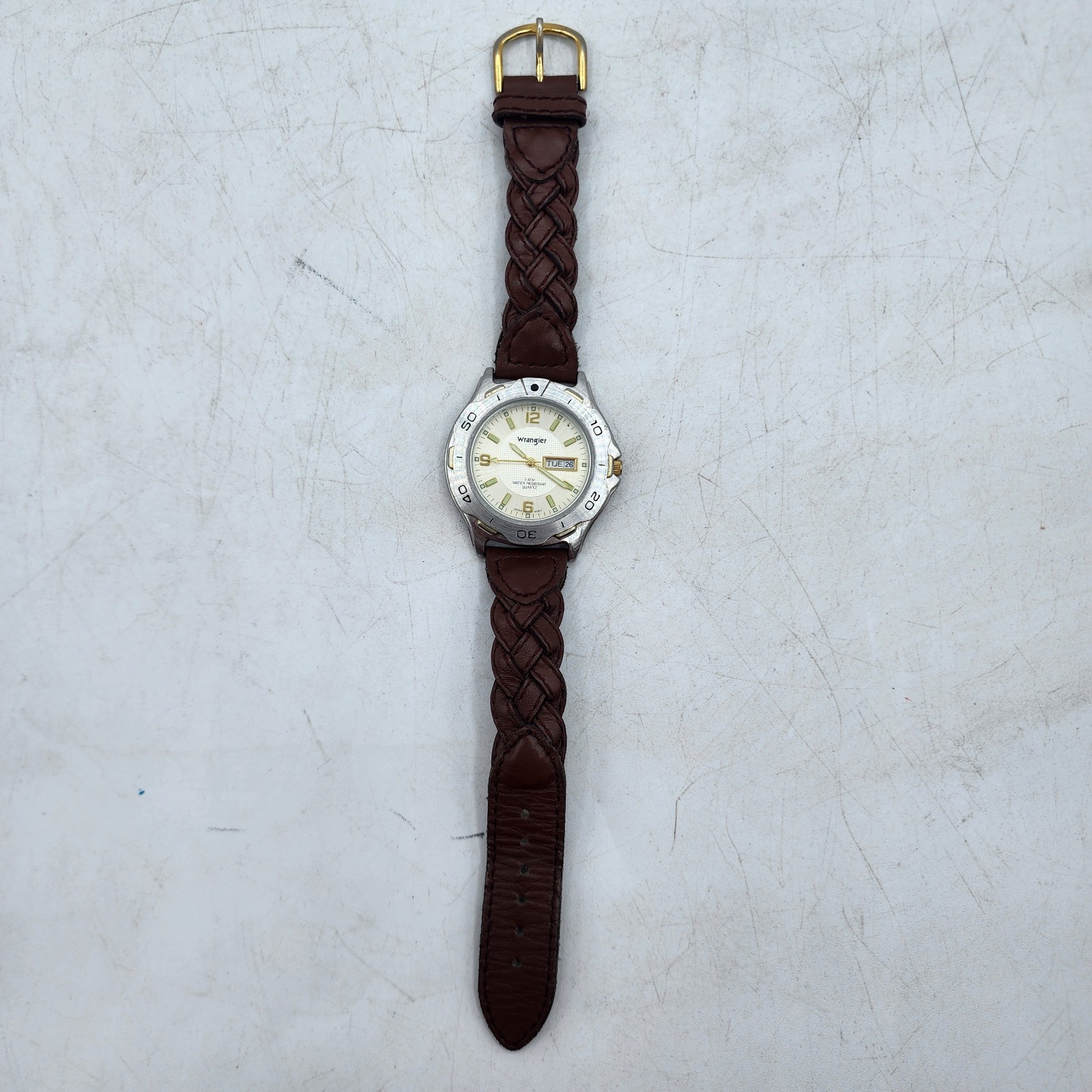 Wrangler Hero Mens Silver Brown Leather Watch Quartz 6309 Needs Battery V377