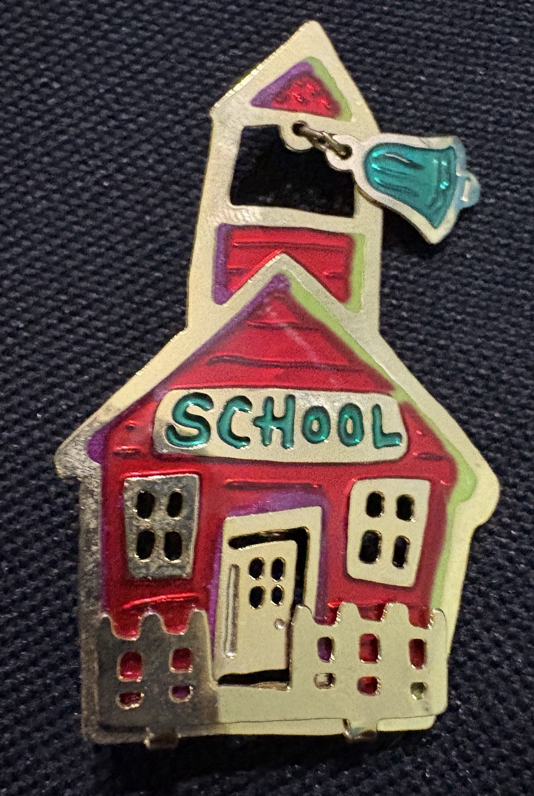 Vintage School House Brooch Pin, Shiny Red w/ Gold, Perfect For Teacher