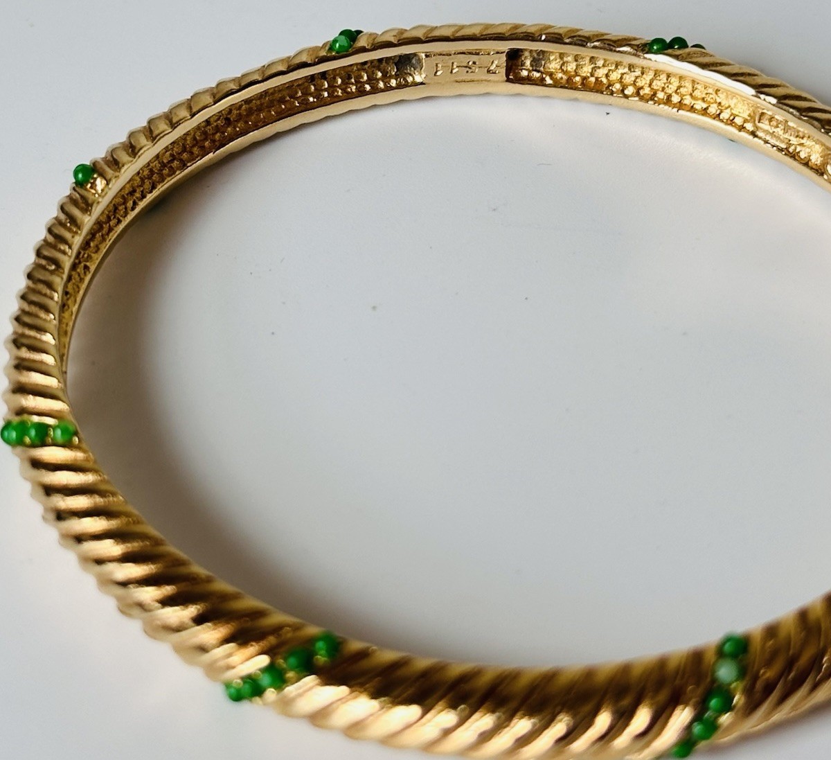 Vintage Marcel Boucher Bracelet Bangle 7511 Gold Swirl Ribbed Green Stones