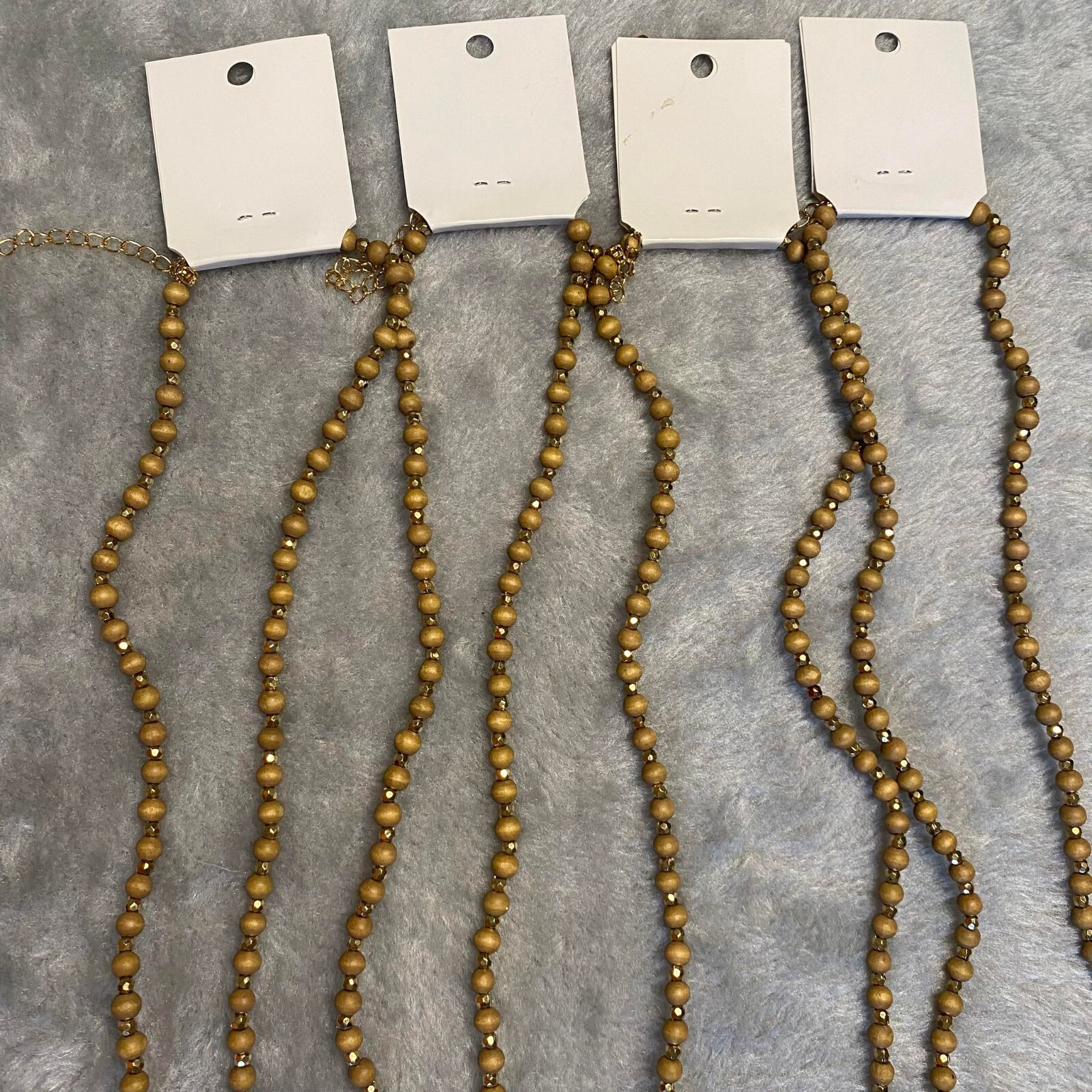 4pcs Approx 30-inches Wooden and Gold Tone Bead Necklace, Jewelry for Women NEW