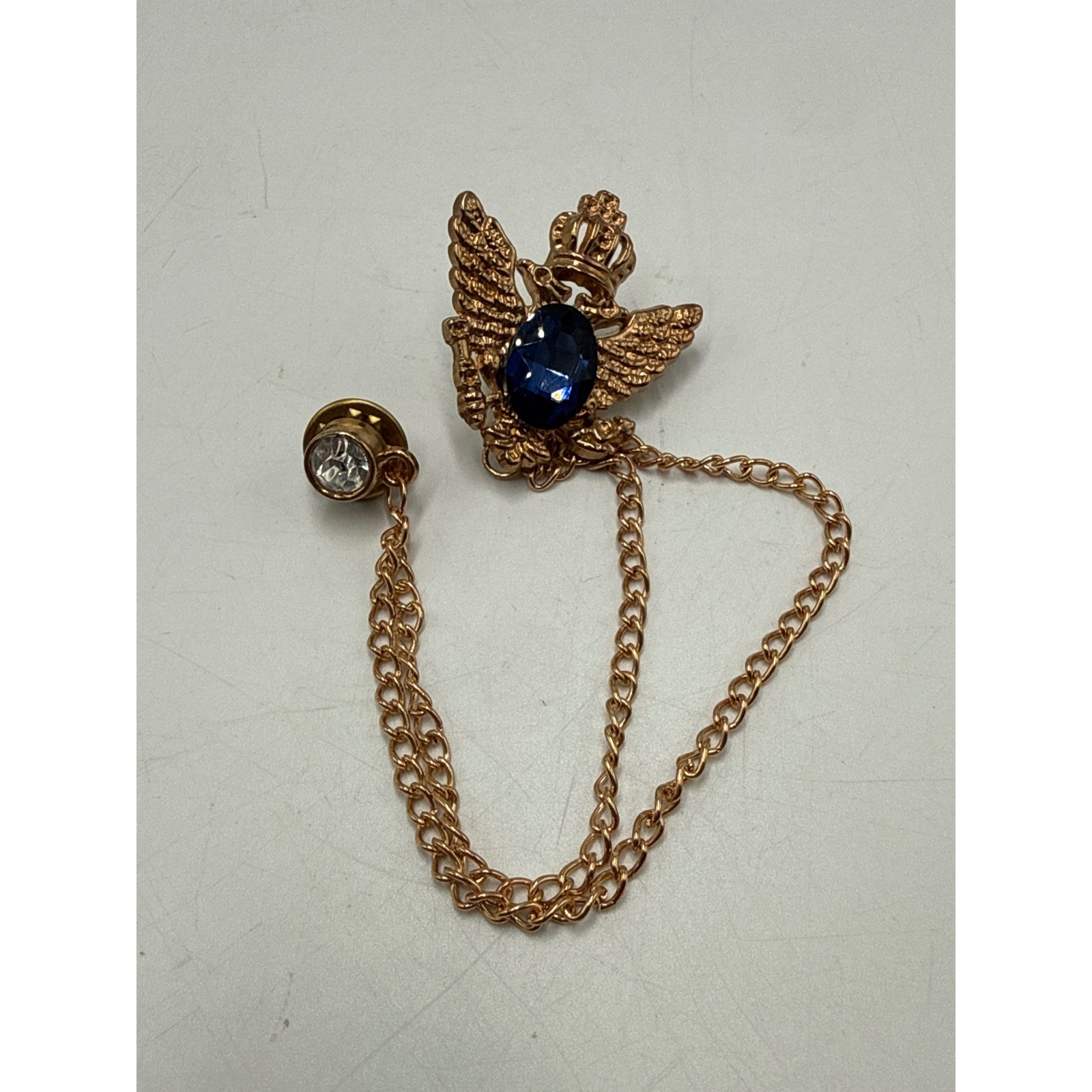 Gold Tone Double Headed Eagle Crown Lapel Pin Blue Stone Rhinestone Chain Brooch