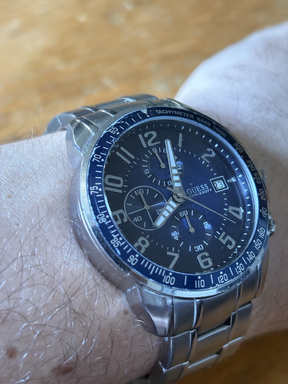 GUESS Mens Blue Dial Quartz Chronograph Tachymeter Date SS Bracelet 100m