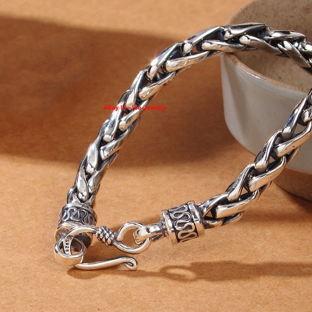 Real 925 Sterling Silver 8mm Round Wheat Link Men’s Bracelet 7.87-8.66inch