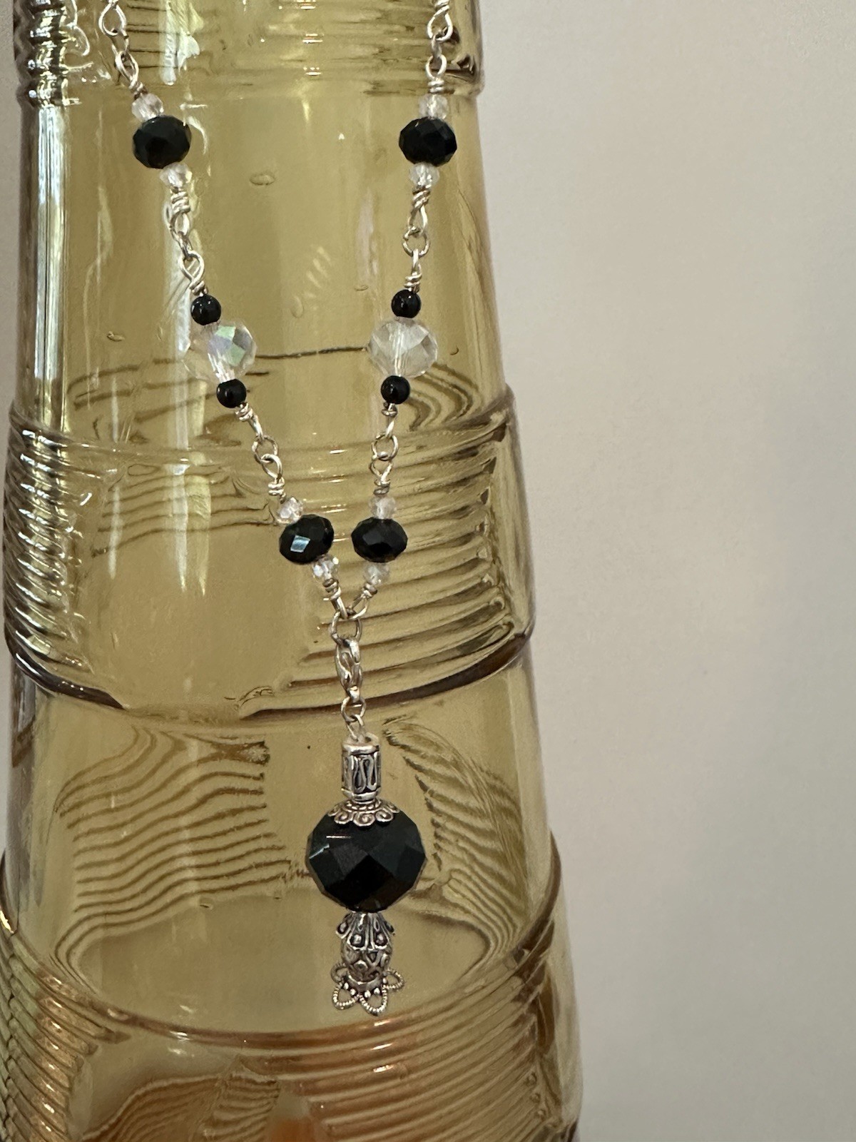 AB Crystal Necklace Pendant Clear & Black Faceted Glass Beads Silver Tone