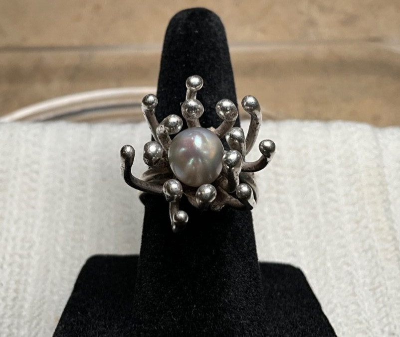 Brutalist Sterling Silver Ring Genuine Pearl Size 5