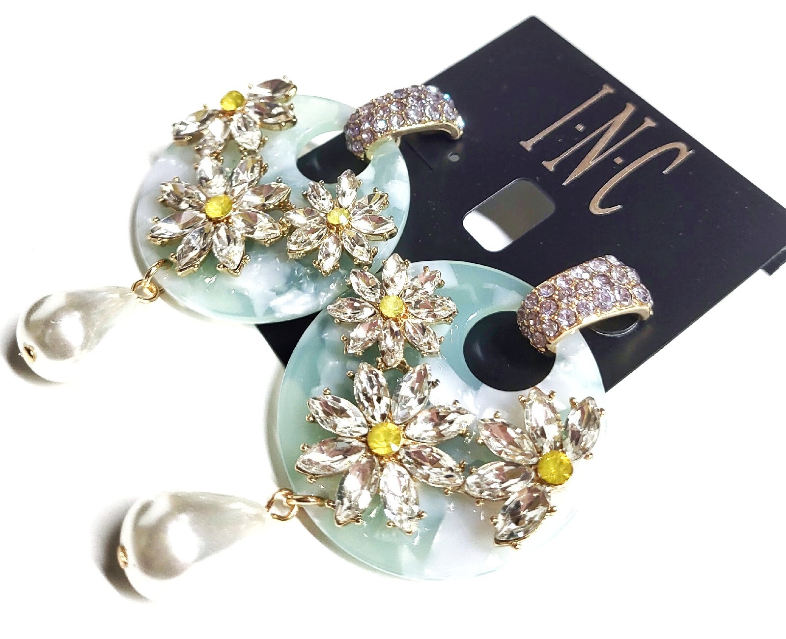 INC Crystal Resin Pearl Dangle Earrings Blue Daisy Multi-Color New with Tags